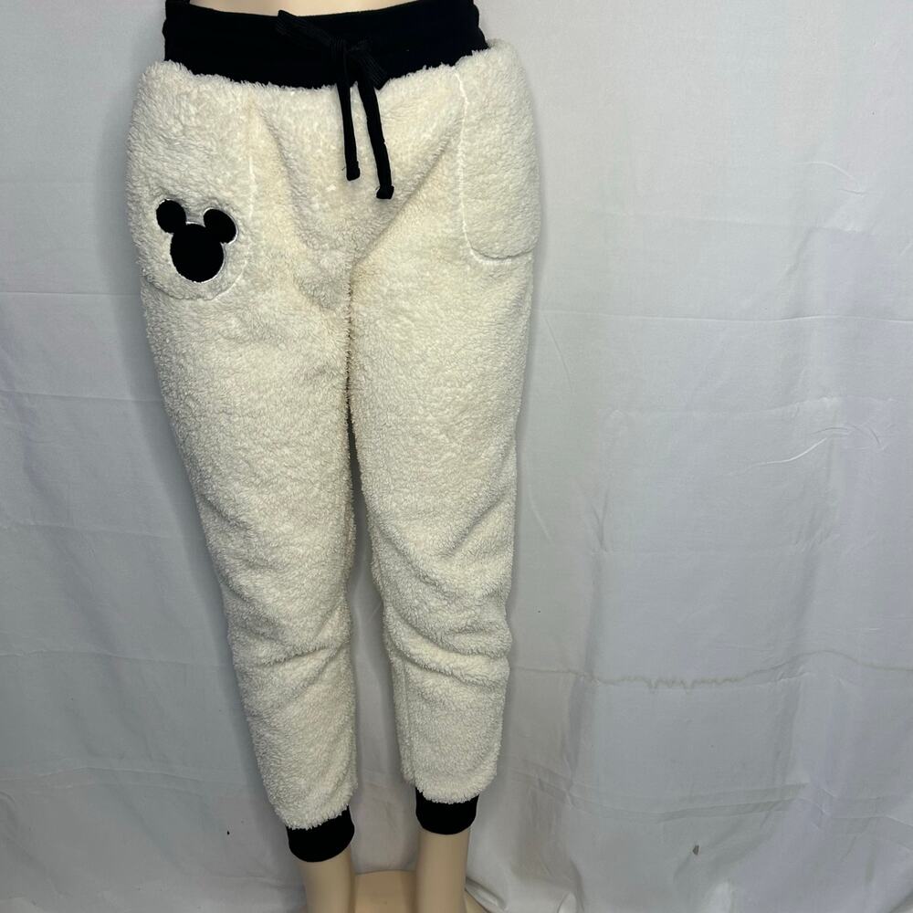 Disney Mickey Mouse Sherpa Jogger Sweatpants Cream Fleece Lounge Pants Size L